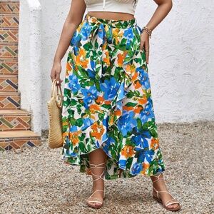 Plus Floral Print Ruffle Hem Wrap Maxi Skirt